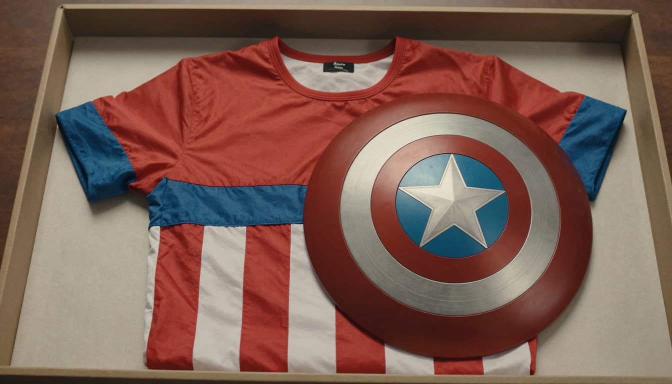 A superhero-style costume piece and round shield-like prop stored in a keepsake box