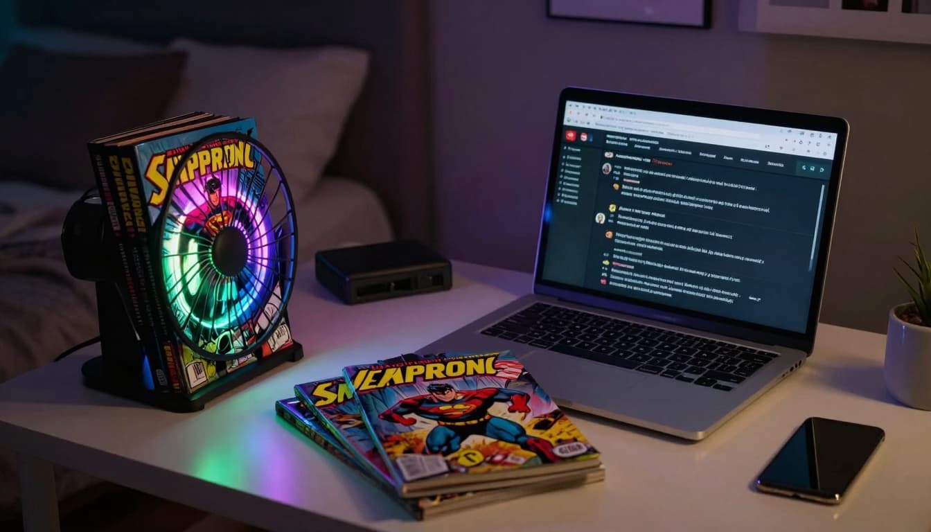 Fan’s desk with superhero comics and a laptop showing blurred online rumors and leaks