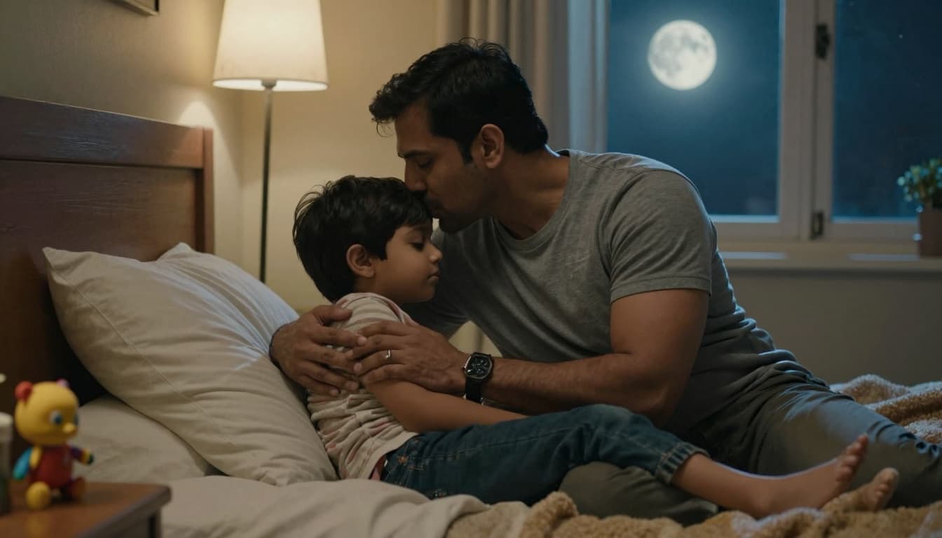 Cinematic scene of a father figure kissing a child on the forehead in a quiet bedroom