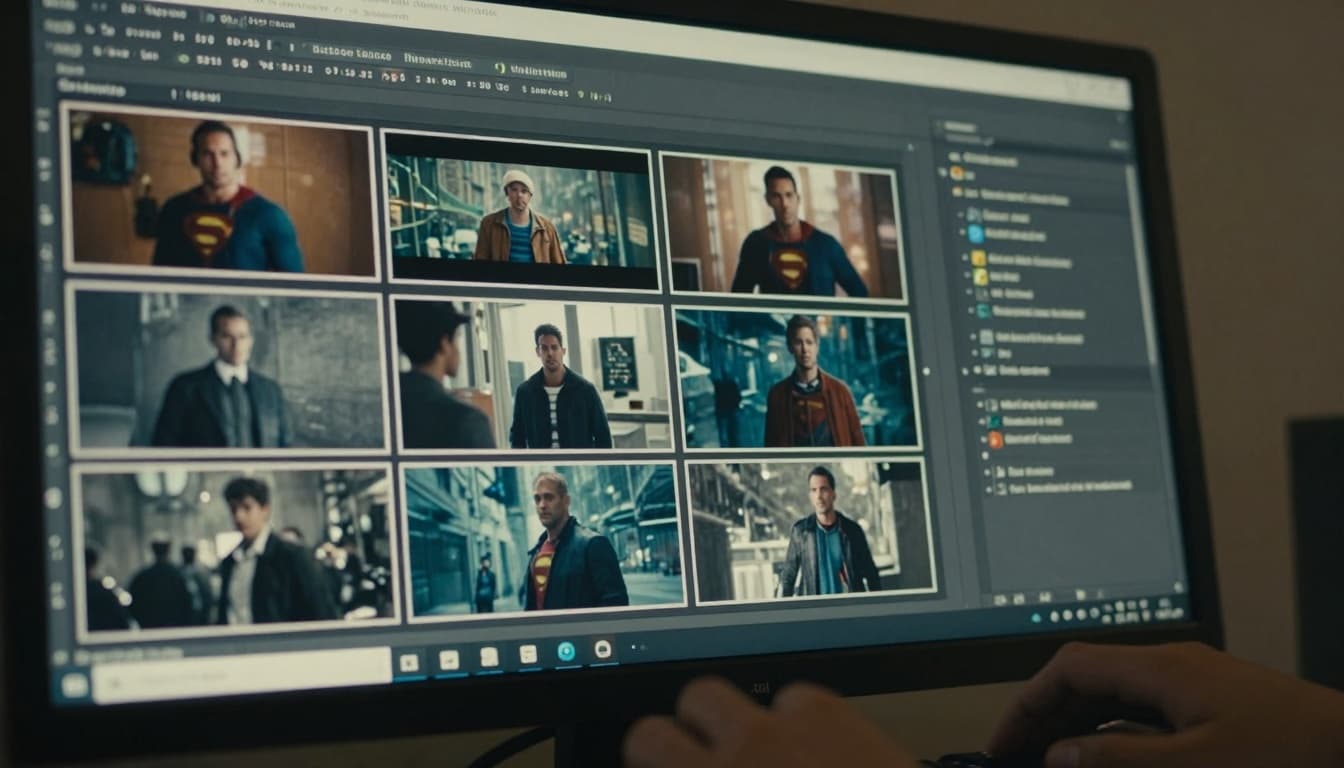 Computer screen showing script pages and storyboard frames for a superhero movie, with hands at a keyboard