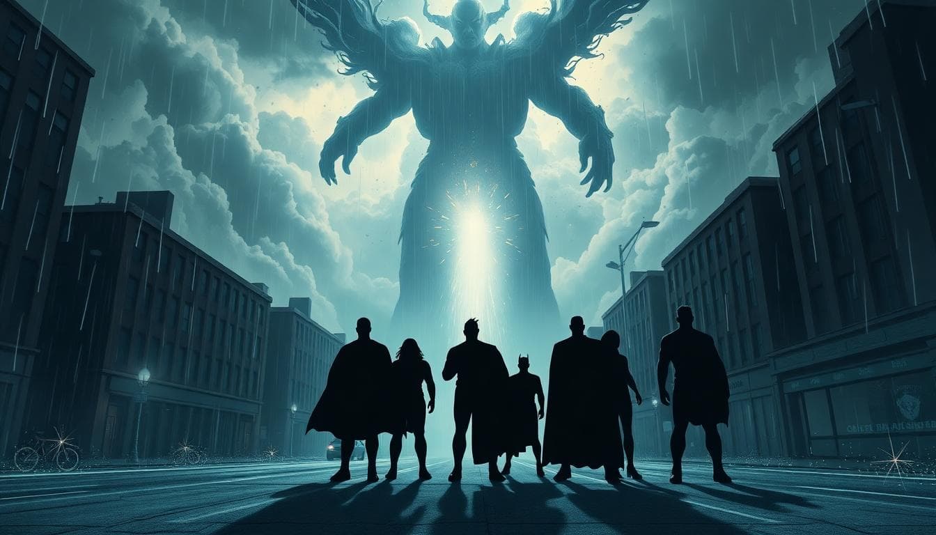 Avengers: Doomsday Trailer Timing: What We Know, What’s Rumored, and What to Watch 3 Silhouetted superhero team forming up on a city street as a cosmic entity looms in the clouds