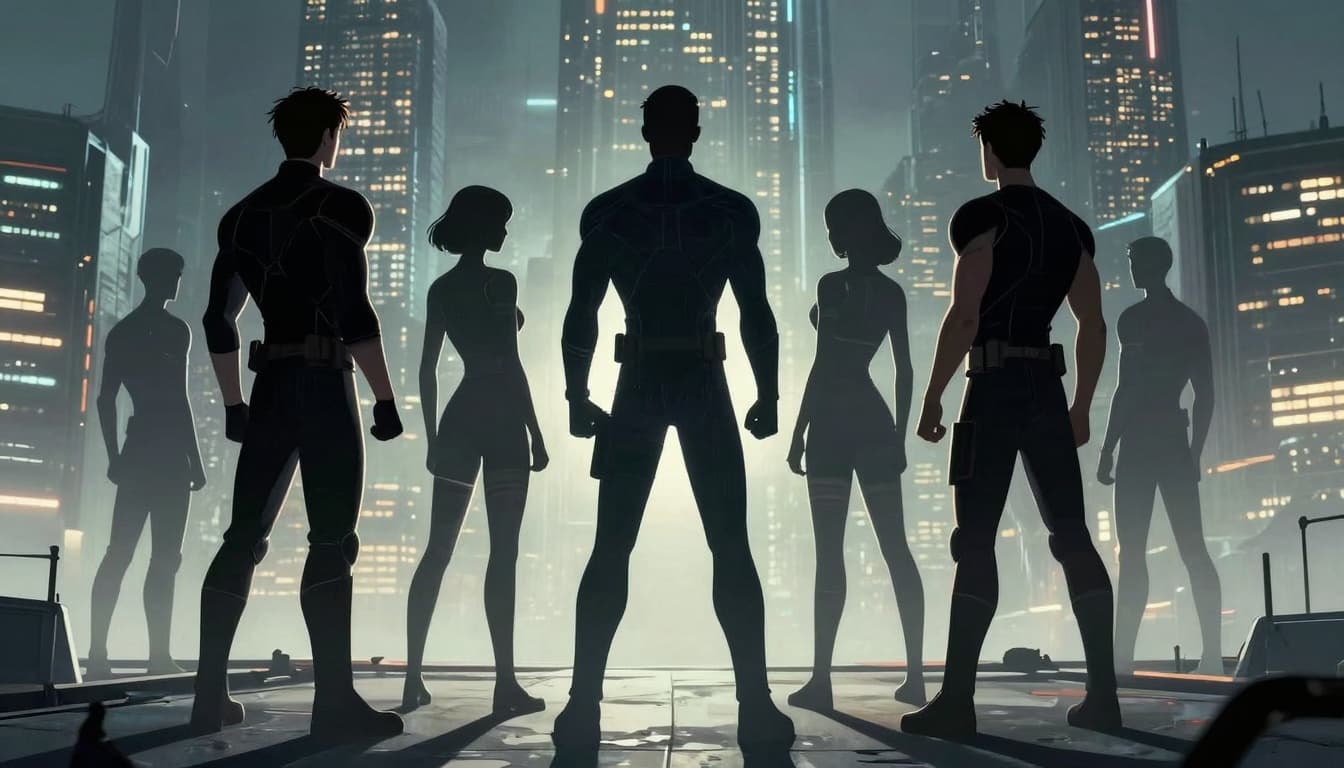 Silhouettes of superheroes standing on a rooftop in a futuristic city skyline