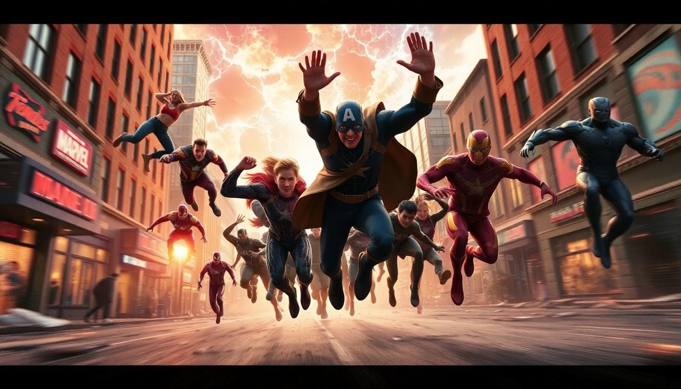 Superheroes leaping into action in a destroyed city with multiverse rifts in the sky