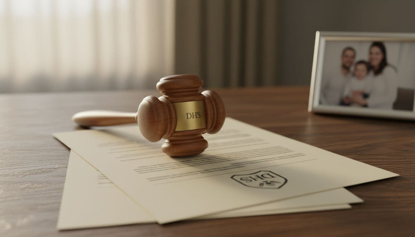 Gavel beside DHS document with a family photo in the background