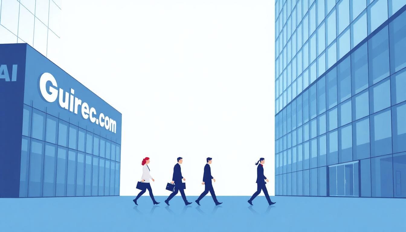 Stylized professionals moving between two tech company buildings, symbolizing talent migration