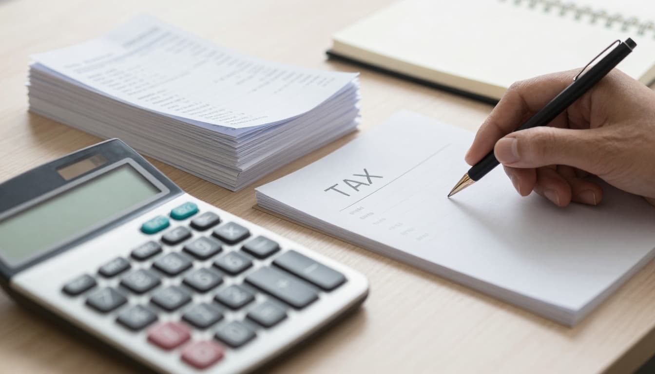 Hand using a calculator next to receipts and notebook for tax deductions