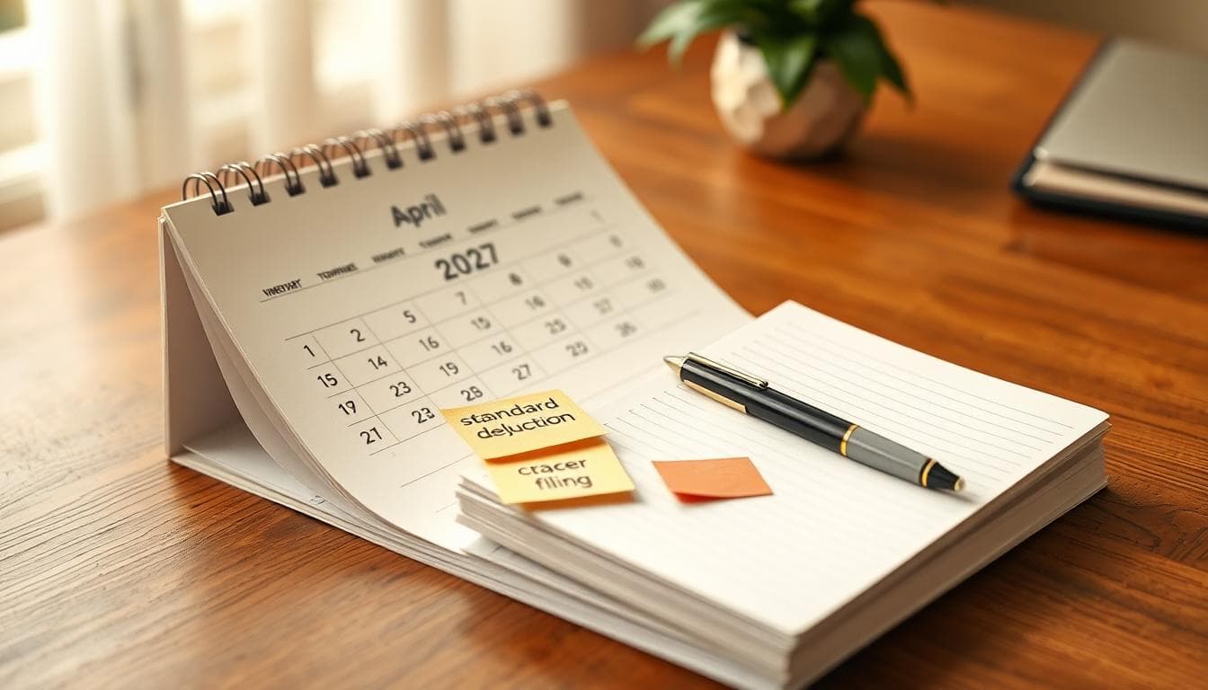Calendar flipped to April 2027 with notes for 2026 filing, standard deduction, and credits
