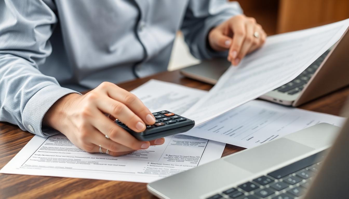 Tax professional reviewing estate and trust documents with calculator and laptop