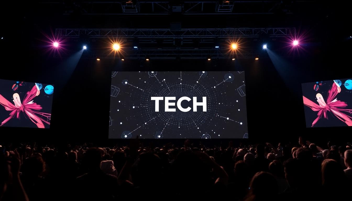 Stage with spotlights and cheering crowd at a tech festival hinting at an upcoming announcement