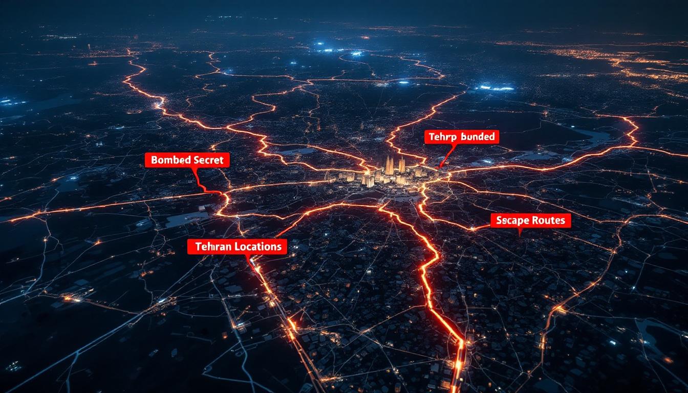 Digital map overlay of Tehran at night, arrows highlight bombed secret locations and escape routes, crisis-themed.