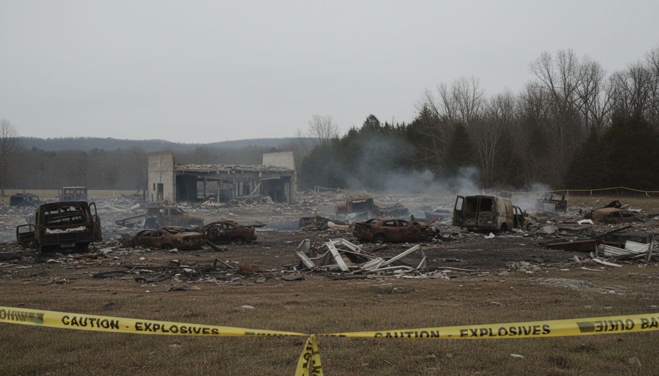 Ground-level view of caution tape, charred vehicles, and debris after plant blast