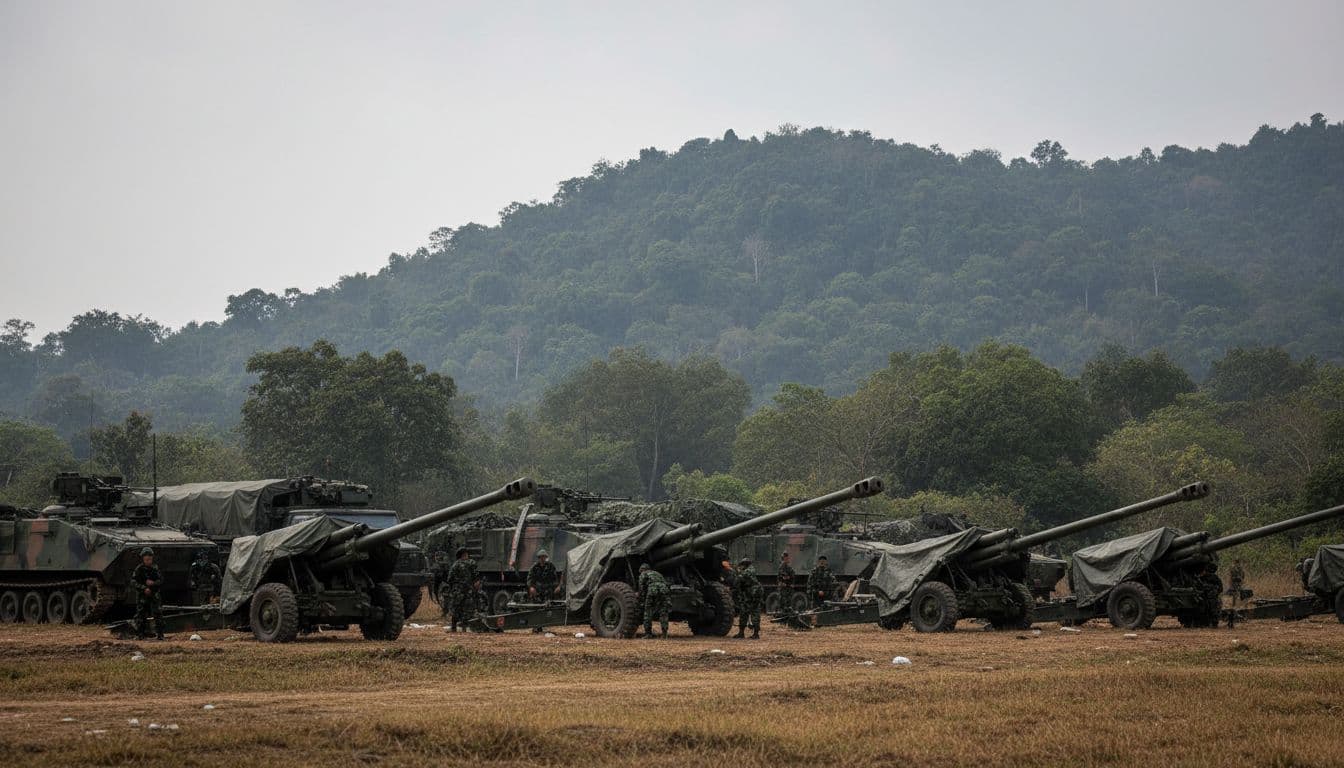 Thai artillery units positioned near a jungle-covered hillside close to the Cambodia border