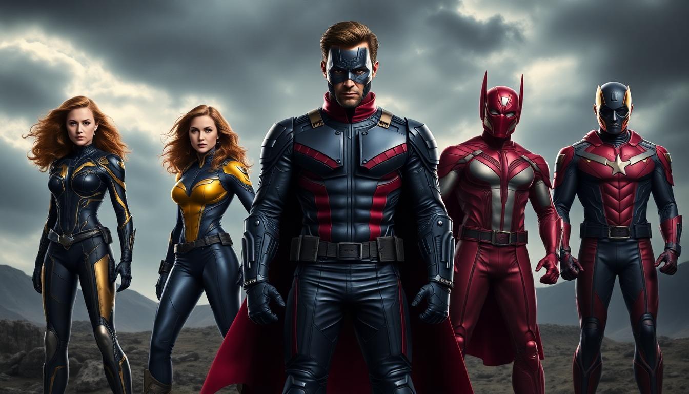 Marvel’s Thunderbolts: Lewis Pullman Talks Bob, Sentry, and the Void 4 Thunderbolts team lineup: Yelena Belova, Bucky Barnes, Red Guardian, and Sentry, standing in a stormy MCU landscape, Sentry in center, heroic composition.