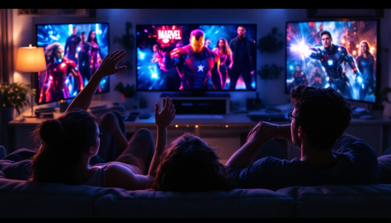 9 Signs The MCU Has Lost Its Way: A Closer Look At Marvel’s Struggles 2 Inside image 3: Viewers at home looking a bit tired and confused, surrounded by screens playing multiple Marvel Disney+ shows at once, reflecting superhero fatigue and burnout.