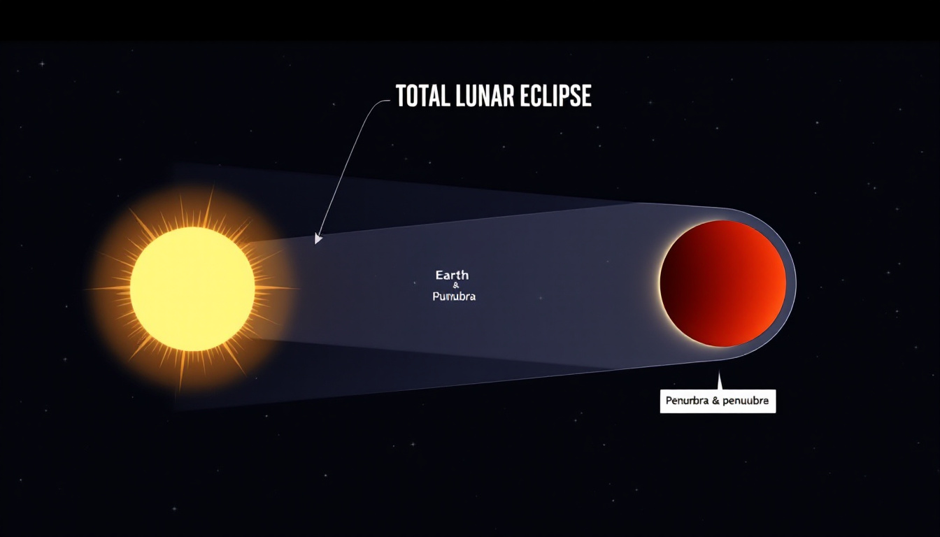 Diagram showing how a total lunar eclipse turns the moon red