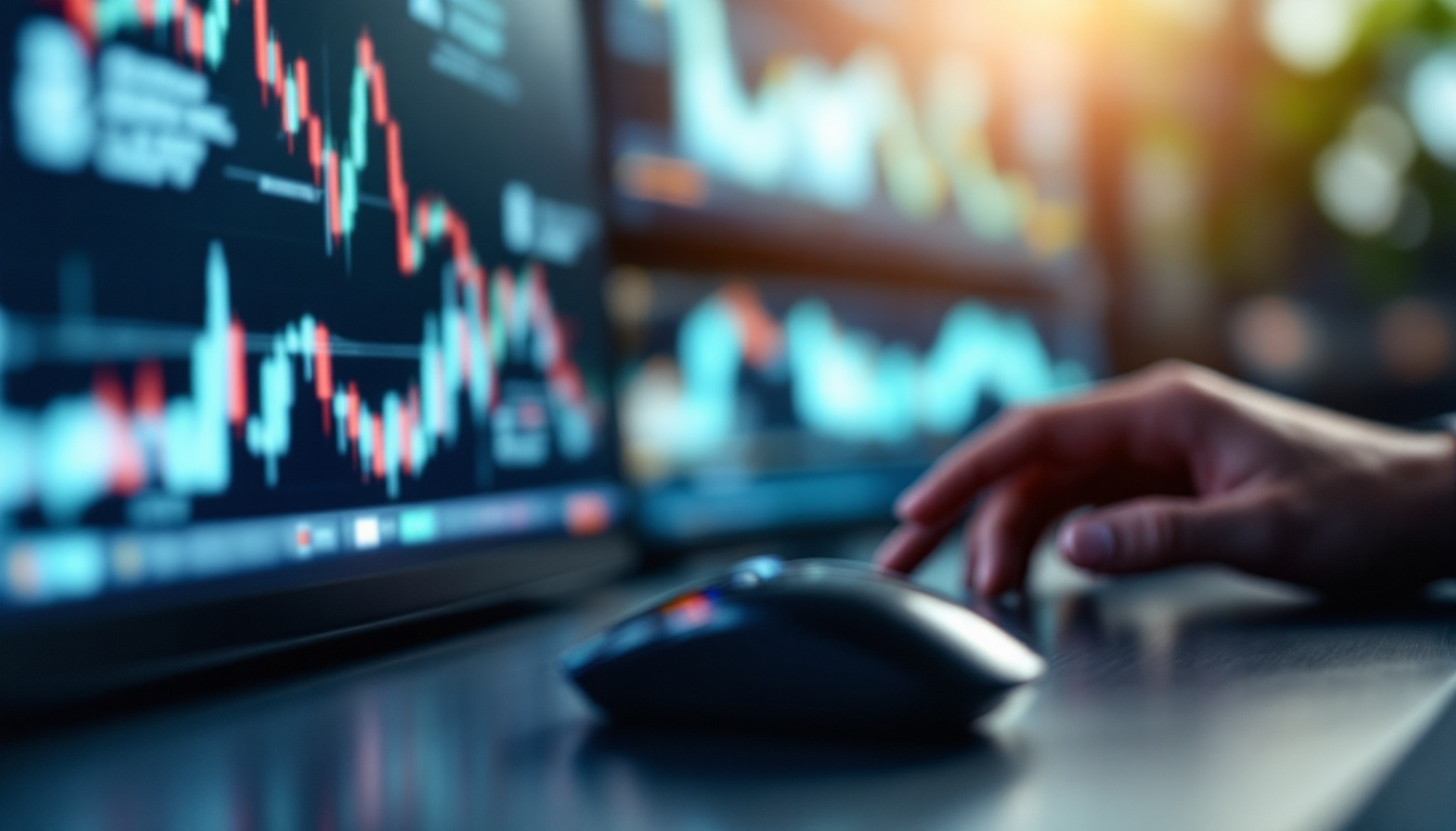 Trader hand on a mouse next to a screen with abstract candlestick charts