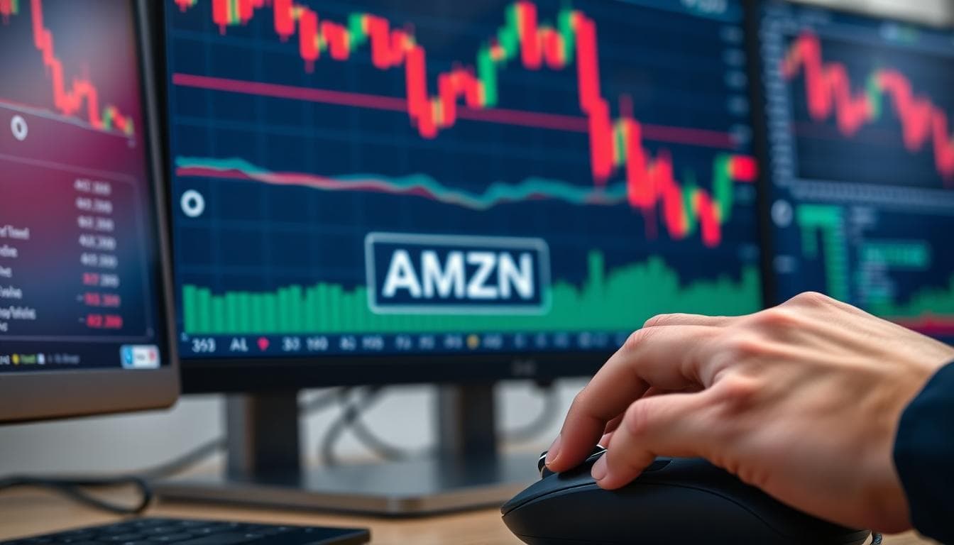 Amazon Stock Falls After New Tariff Threats: What It Means for Sellers, Shoppers, and Investors 4 Trader hand on mouse with AMZN candlestick charts on multiple monitors