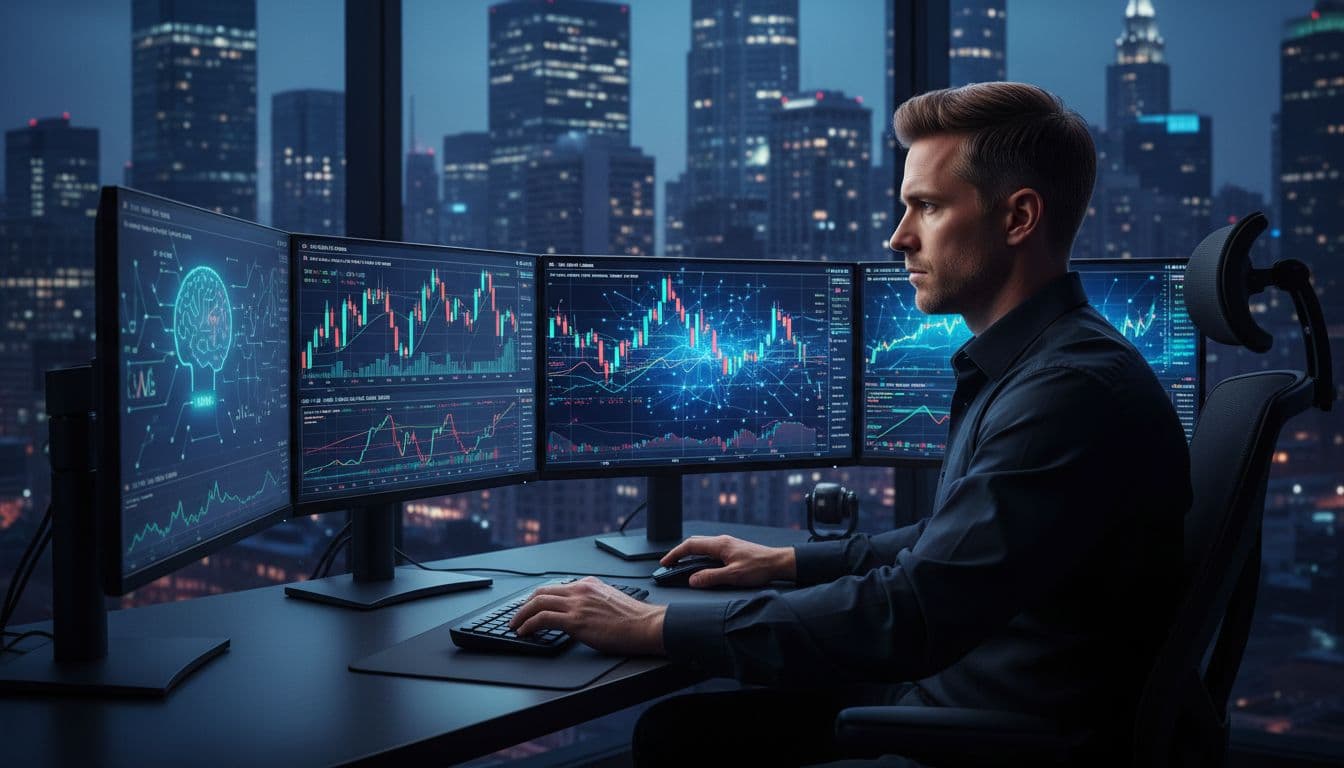 Investor looking at stock charts on multiple screens
