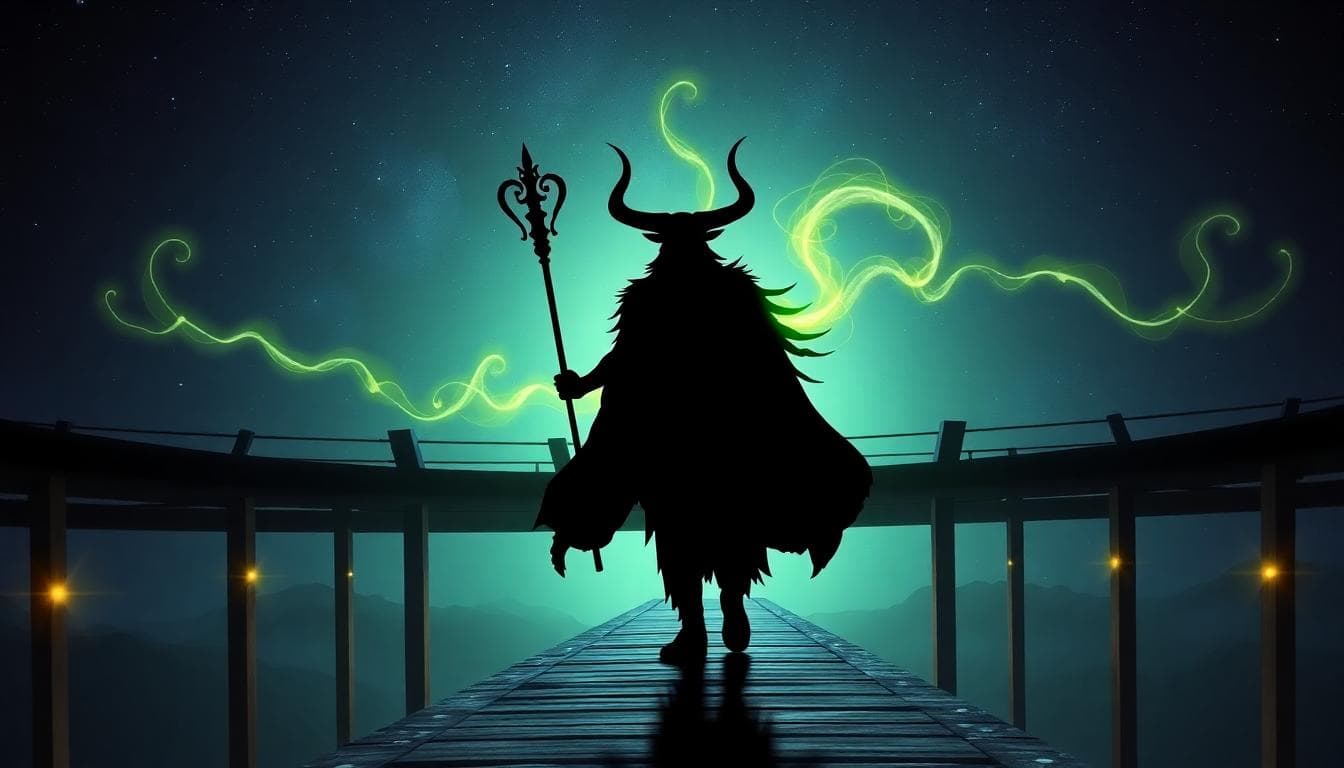 Avengers: Doomsday — Reported Villains and What Their Roles Could Be 4 Silhouette of a trickster-god archetype on a cosmic bridge with swirling energy