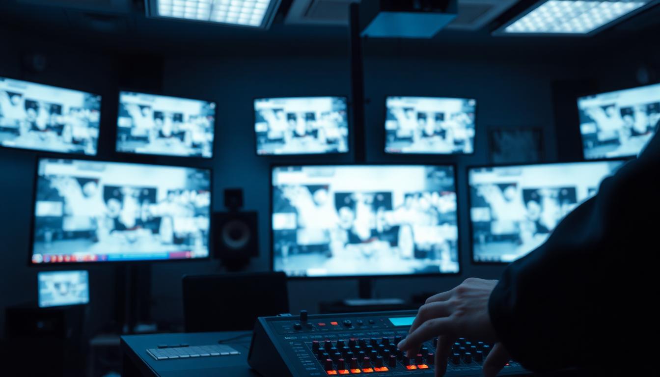 TV control room with monitors and an audio mixer during a news broadcast