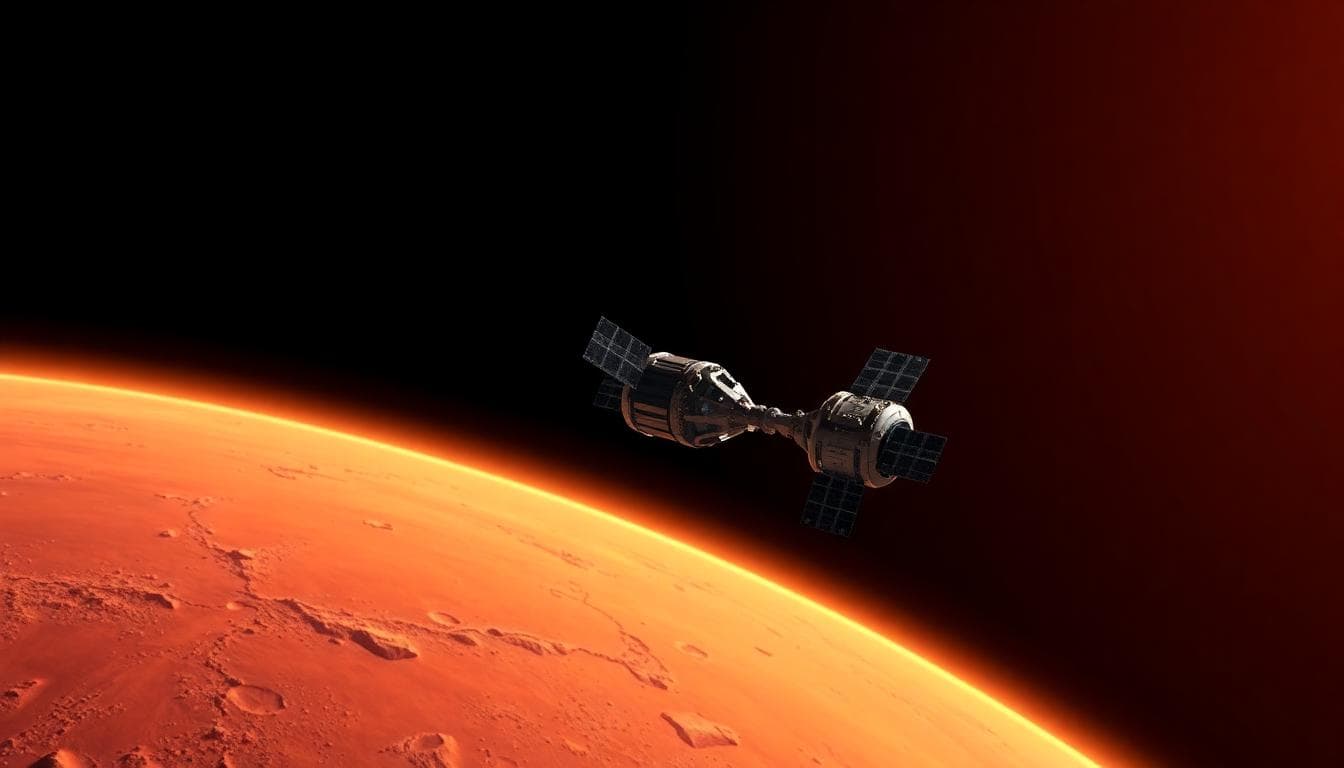 Artistic rendering of twin ESCAPADE spacecraft orbiting above the surface of Mars