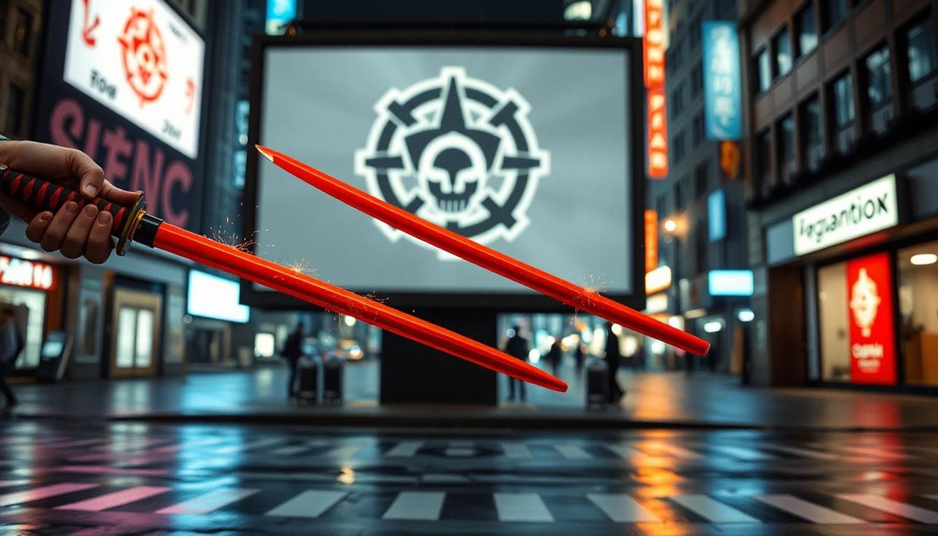 Deadpool Poised for Another Team Movie: What We Know and What We Expect 4 Playful action shot of twin red katanas crossing with city lights and sparks