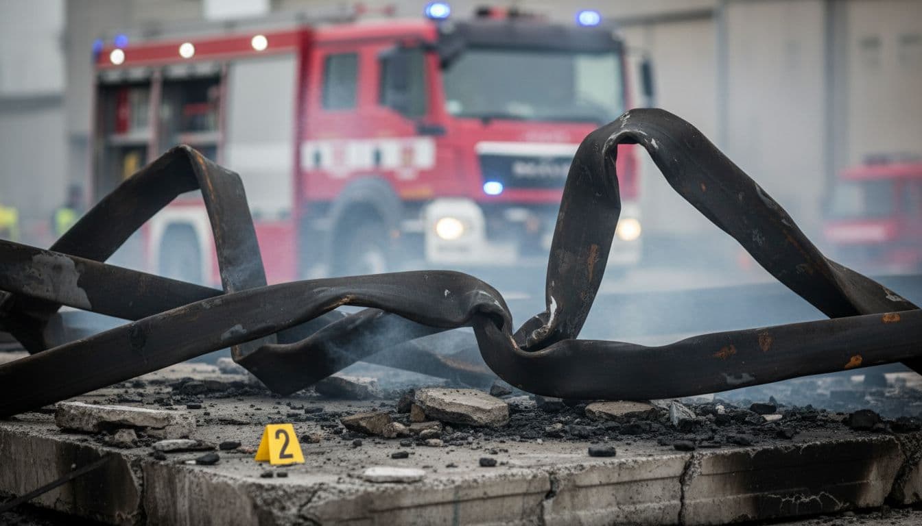 Close-up of twisted metal and scorched concrete with evidence marker at industrial site