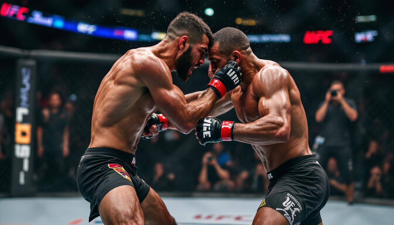 UFC 319 Chicago Prelims Recap & Results: Chimaev Dominates, Spinning Elbows Make History 2 Image: Dynamic Octagon action shot in Chicago, prelim fight