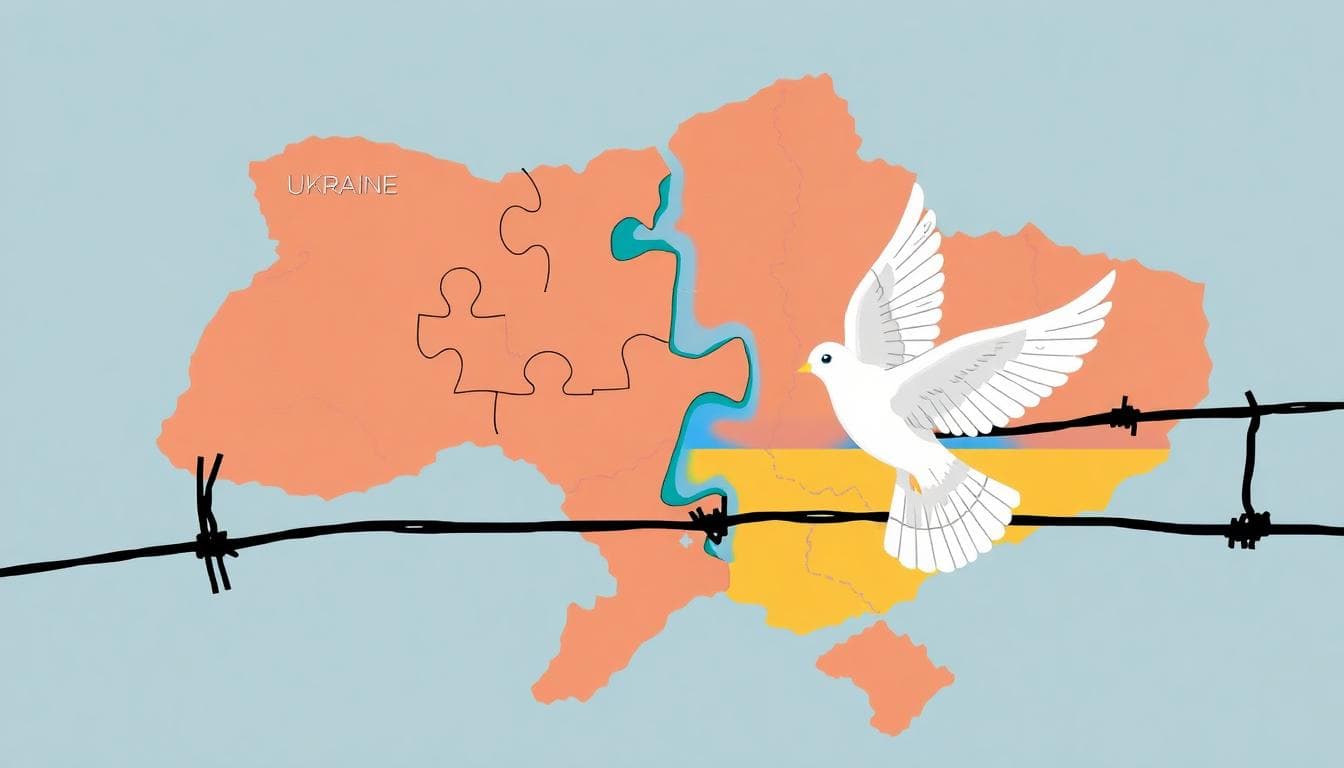 Split map of Ukraine with peace dove and barbed wire