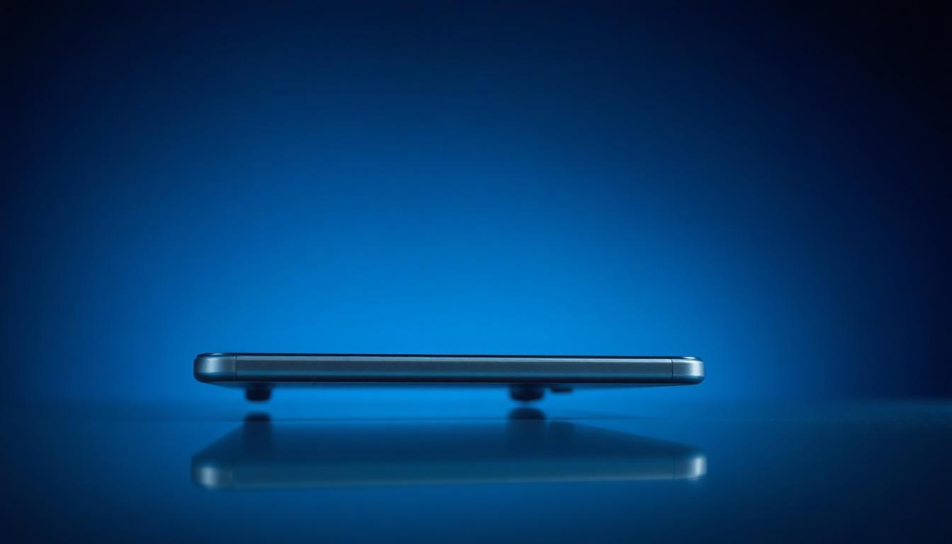 Studio shot of an ultra-thin smartphone side profile on reflective surface