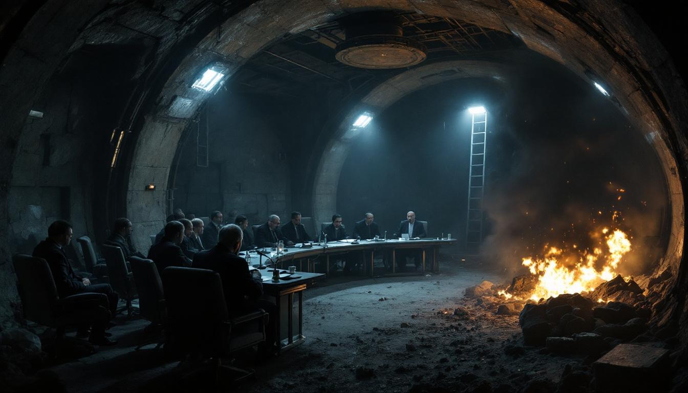 Underground emergency meeting room in Tehran, Iranian officials in shock, lights flickering after explosions, visible ladders leading to an emergency shaft, tense atmosphere.