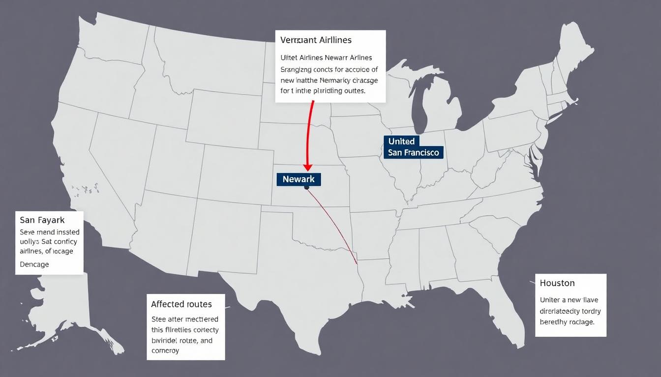 Infographic style US map with United Airlines hubs Newark, San Francisco, Chicago, Denver, Houston, outage icons, arrows for affected routes