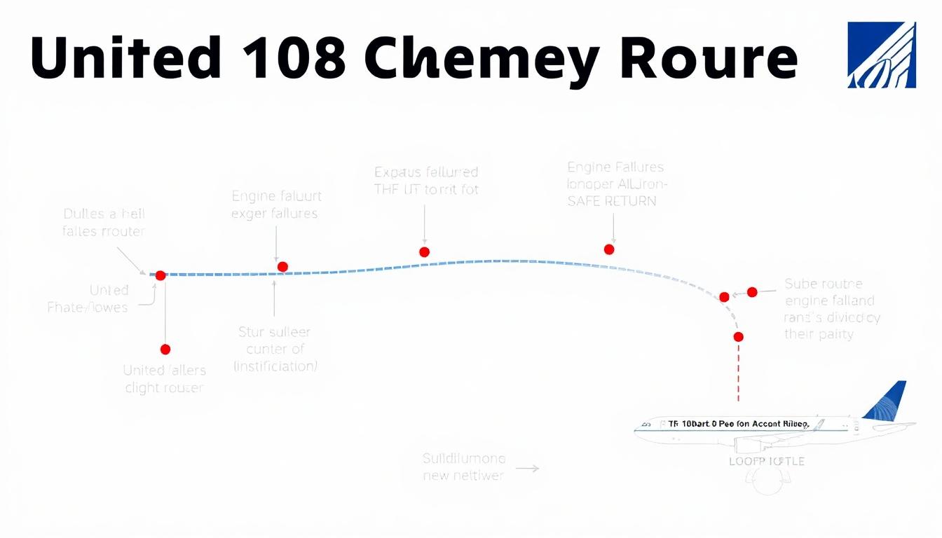 United Flight Declares Mayday After Engine Failure Departing D.C. 4 Infographic showing United Flight 108 emergency route: Dulles, climb, engine failure notification, looping return, safe landing, labeled timeline and aircraft diagram