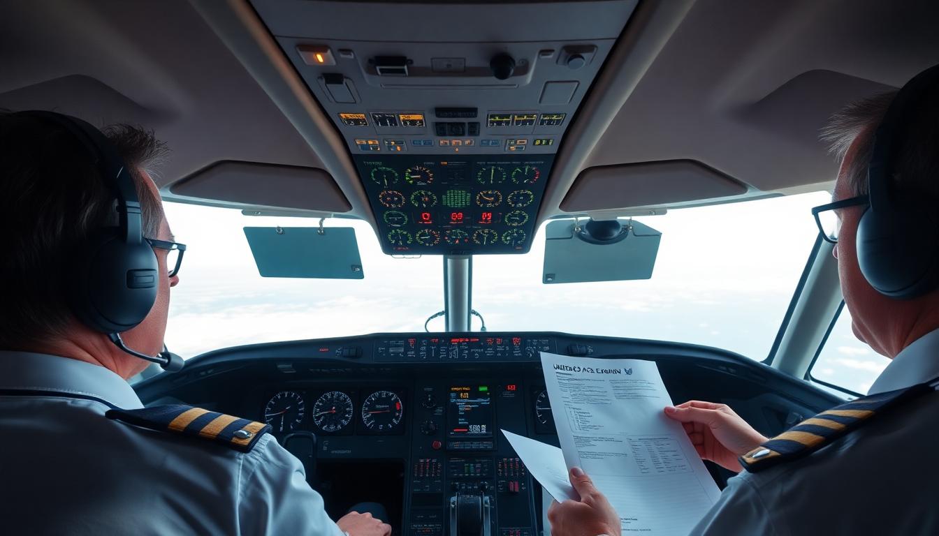 United Flight Declares Mayday After Engine Failure Departing D.C. 2 Inside cockpit view of United pilots calmly declaring mayday, critical warning lights on dash, headset communication, co-pilot reading emergency checklist, detailed airline realism