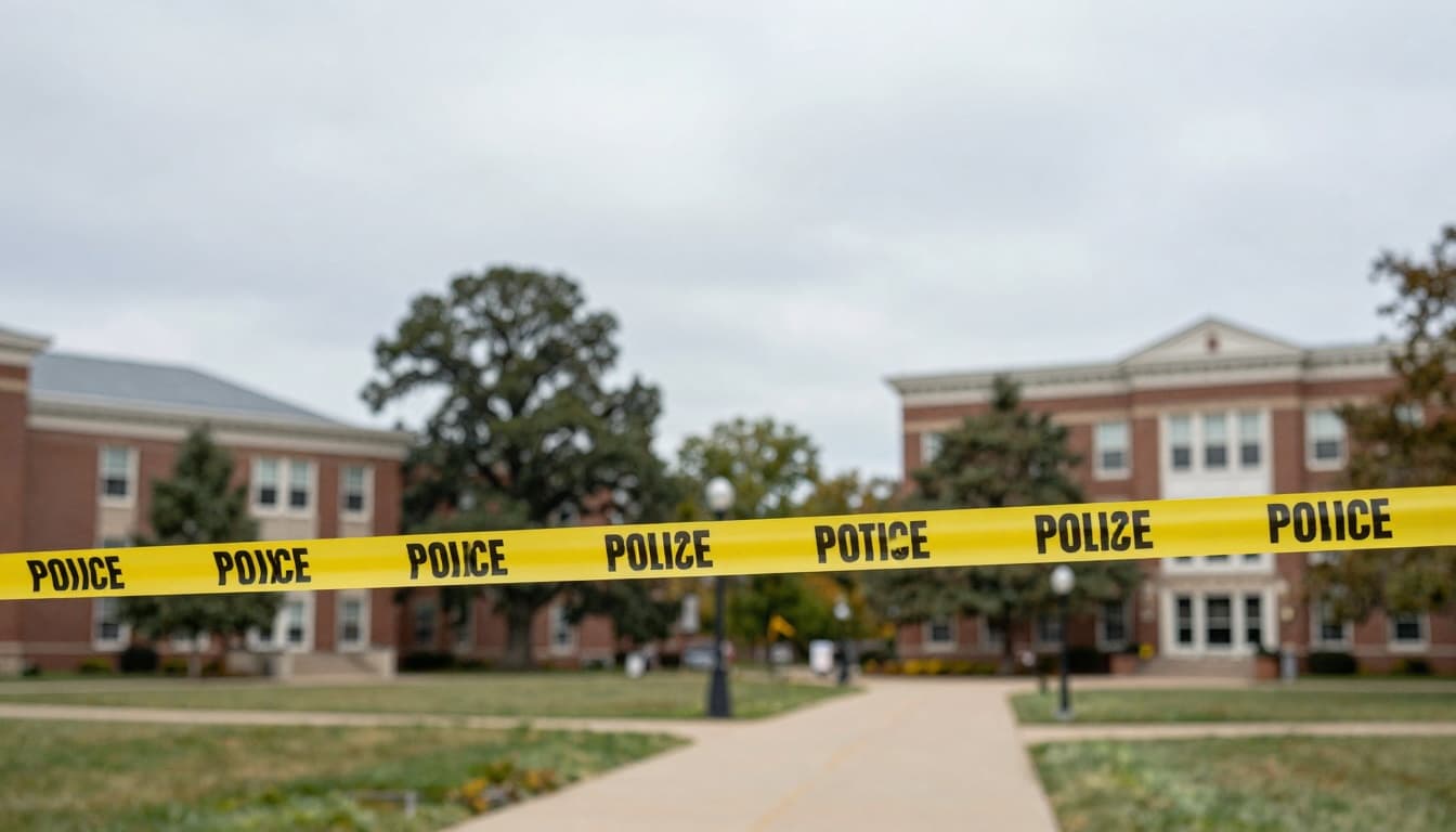 Police tape blocking off part of a university campus