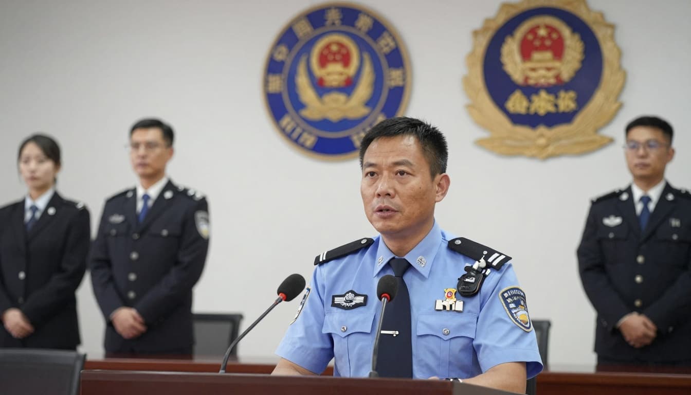 Police and city officials speaking at a podium during a press briefing