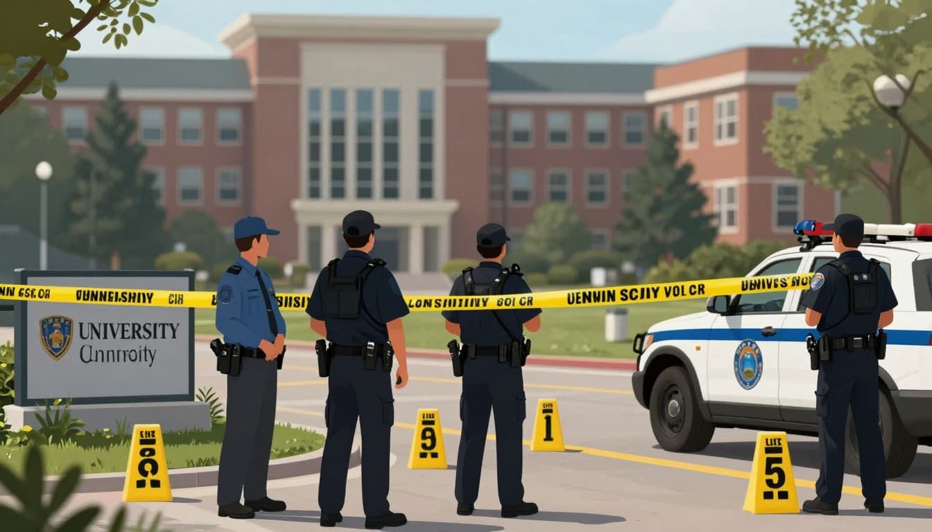 Investigators and police near evidence markers on a university campus