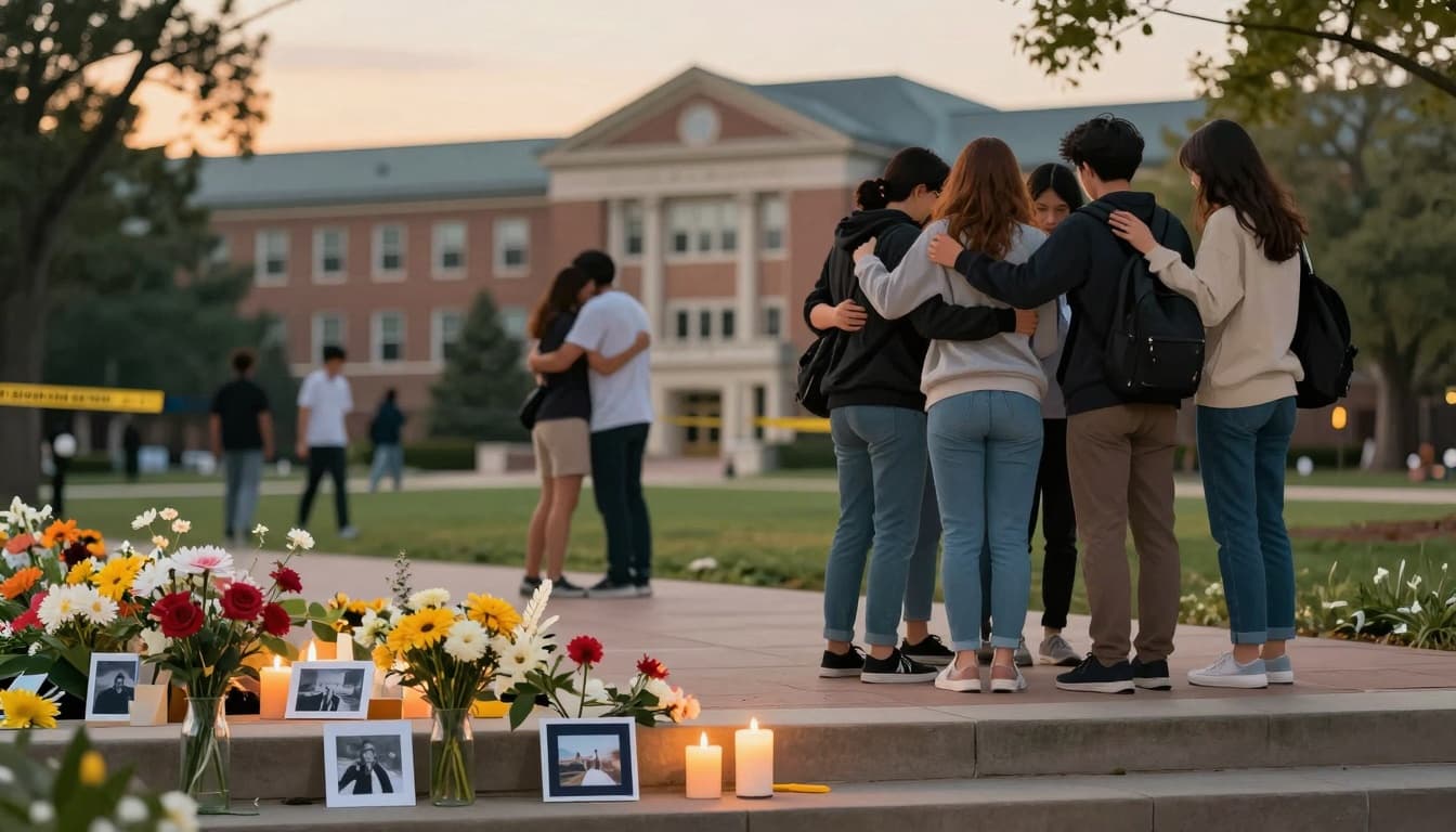 Candles and flowers at a memorial on university steps at sunset