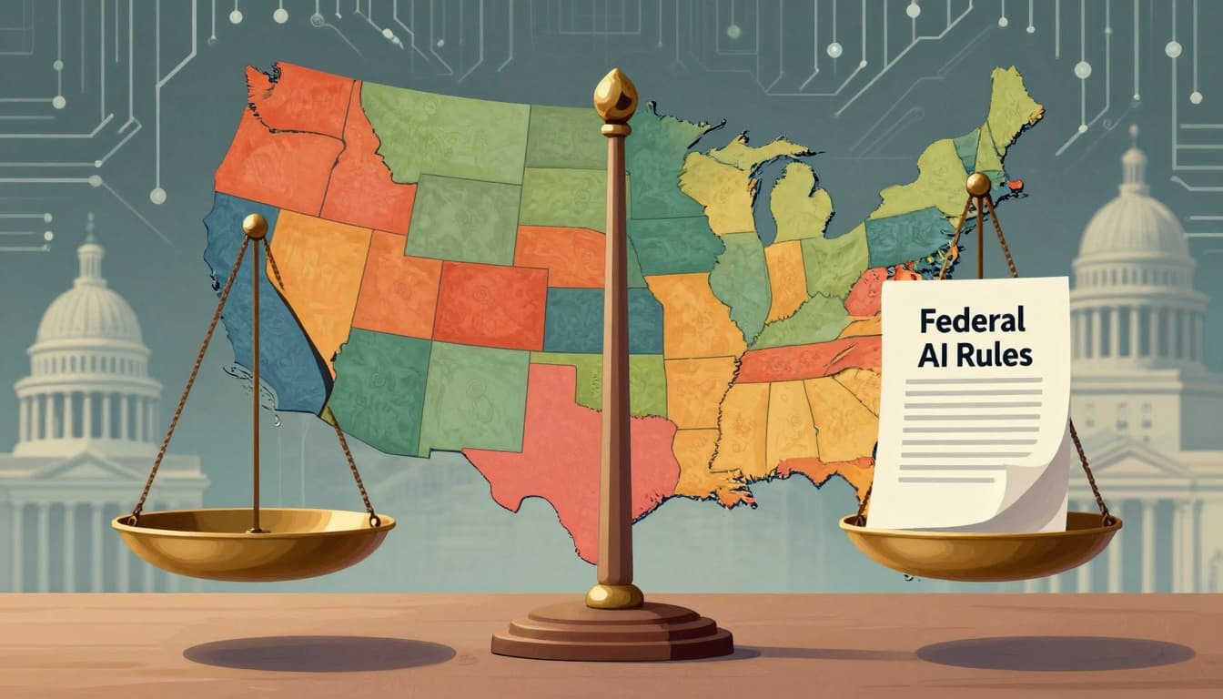 Scale balancing a map of US states and a document representing federal AI rules