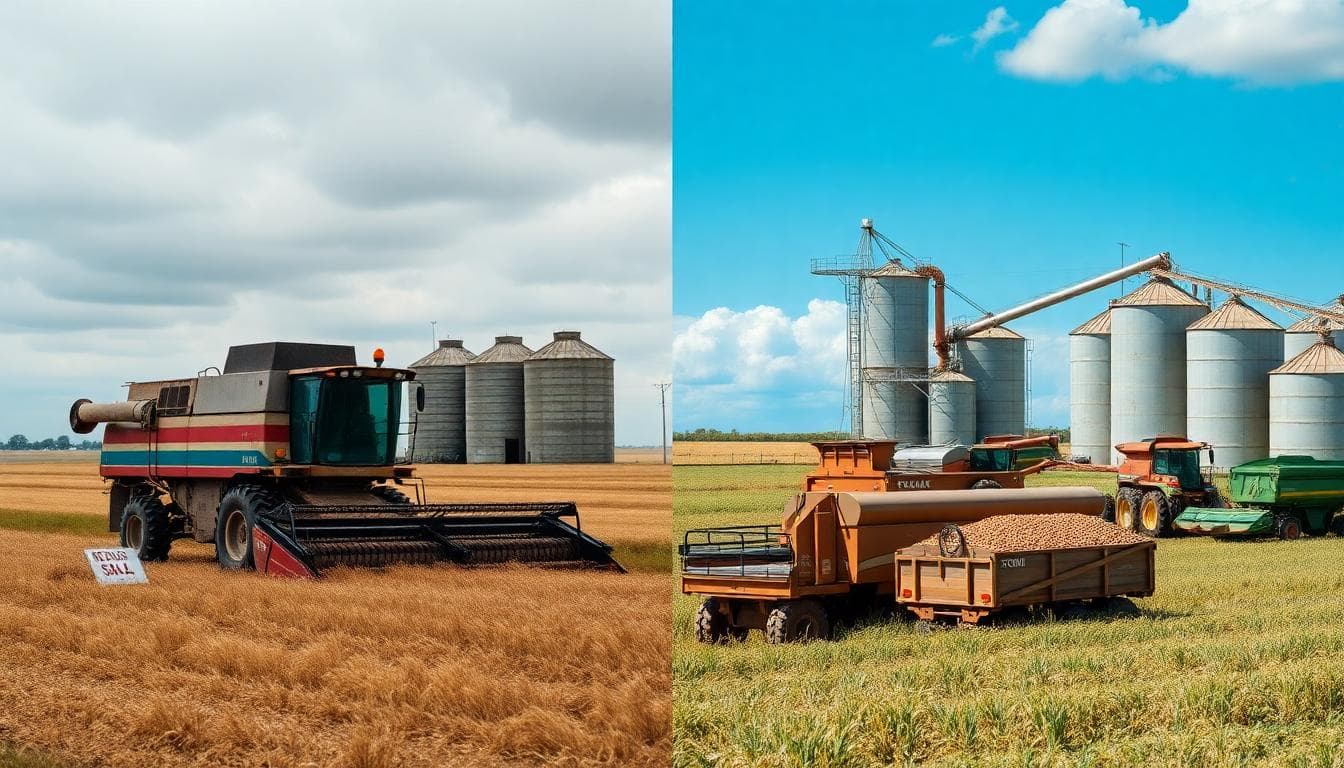 Split scene of a quiet US soybean farm and a busy Brazilian harvest with new silos
