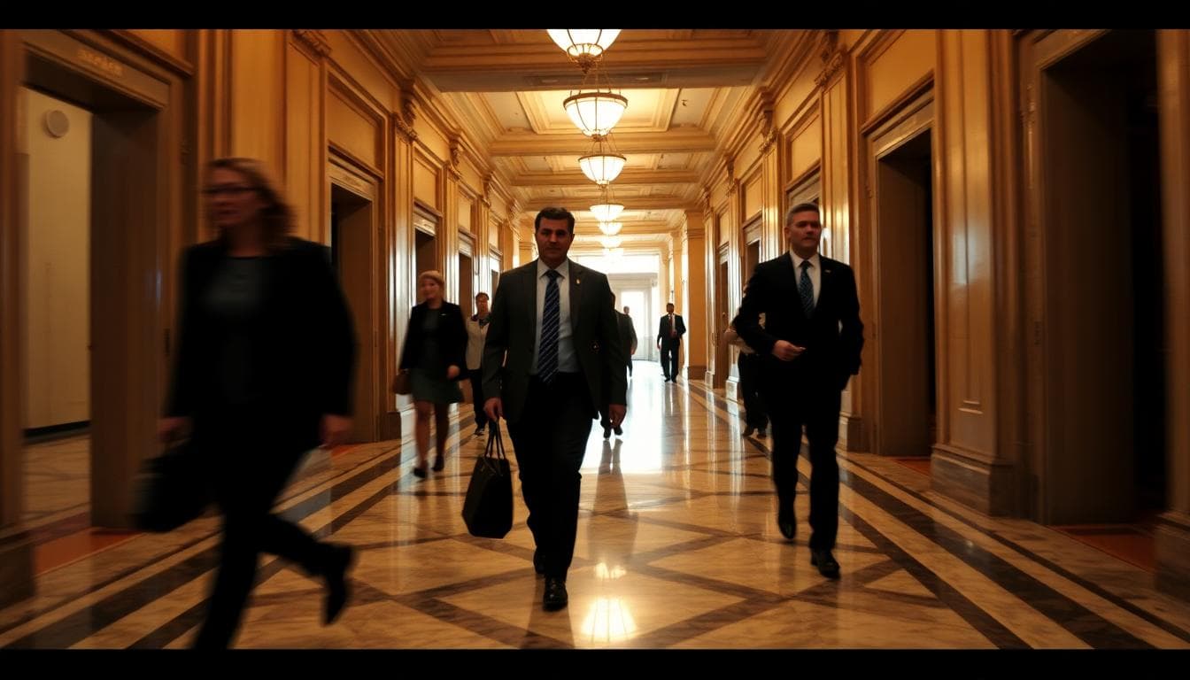 Interior corridor of the US Capitol with staffers walking past committee rooms
