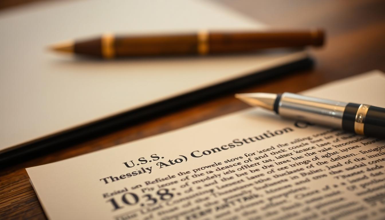 Macro photo of the U.S. Constitution Article I text with a blurred presidential pen