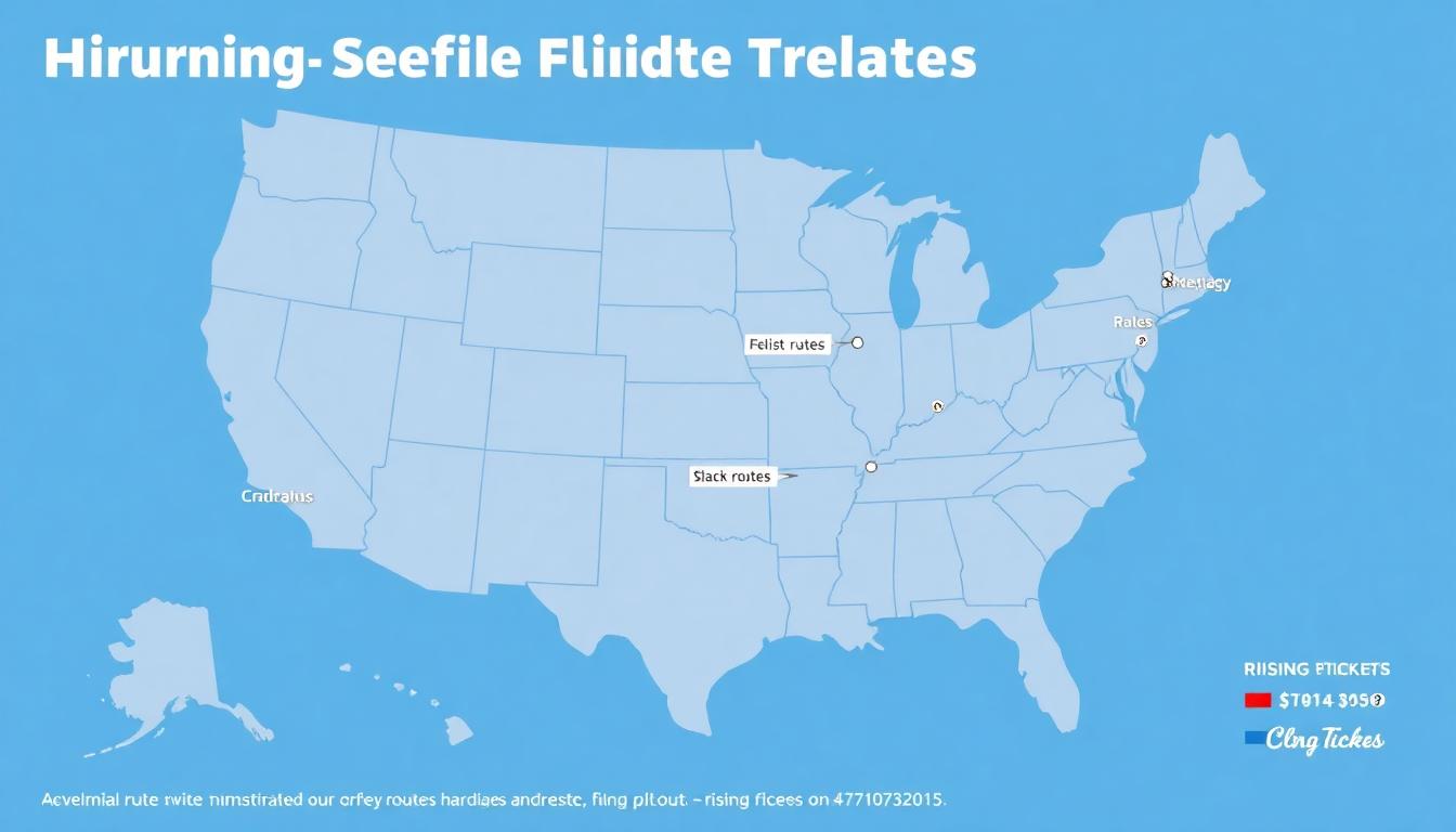 Infographic showing shrinking domestic flight routes on a US map, main cities connected but many routes faded out, rising price tags on tickets