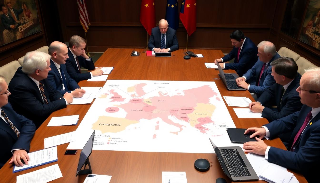 US and EU officials in tense meeting, negotiating tariffs over a map of affected nations
