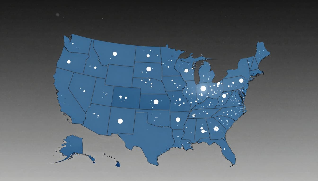 Stylized U.S. map showing Midwest and Northeast under winter storm conditions