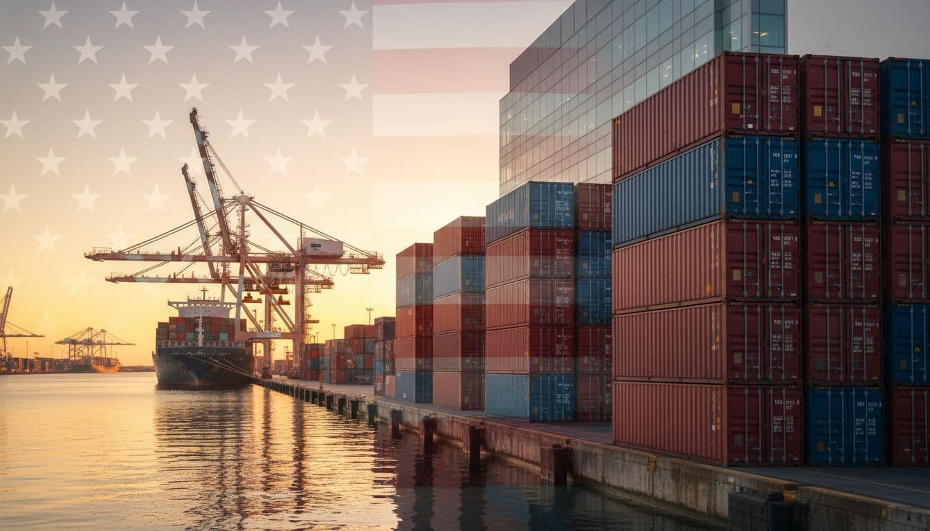 Will Americans Get a $2,000 Stimulus Check From Tariffs? What President Trump Said, and What Congress Is Doing 3 US port with shipping containers and cranes at sunrise