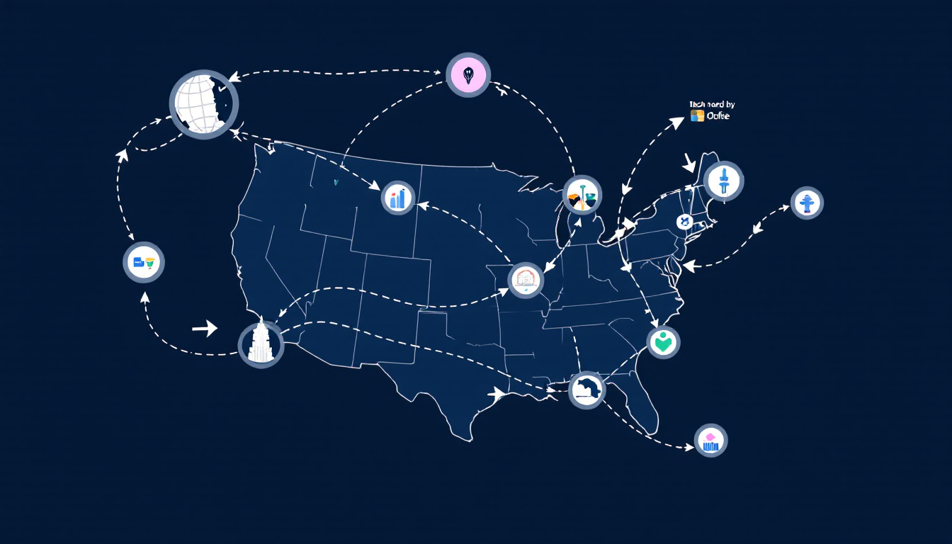 Vector map of the United States with arrows from global hubs to major tech cities