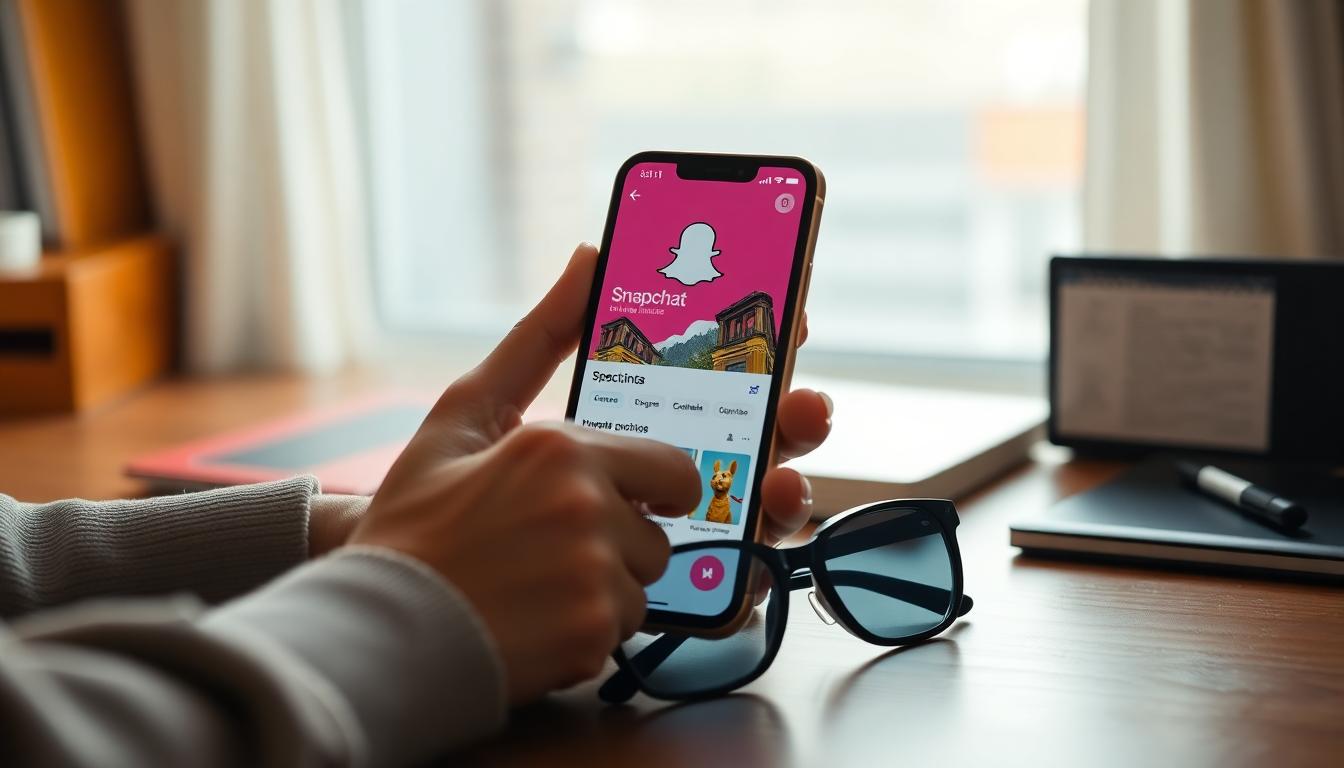 User holding smartphone with Snapchat open, Spectacles on desk, AR elements connecting