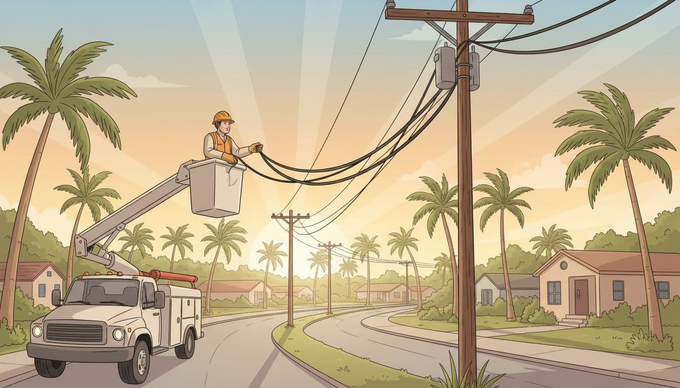 Utility worker restoring internet cables in a South Texas street at sunrise