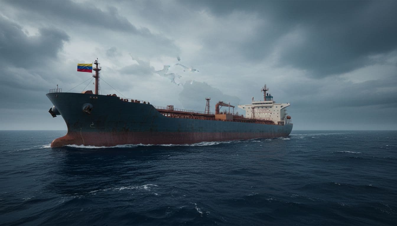 Trump’s Venezuela Oil Gamble: What It Could Mean for Energy, Sanctions, and Global Markets 2 Oil tanker with Venezuelan flag on dark water under cloudy skies